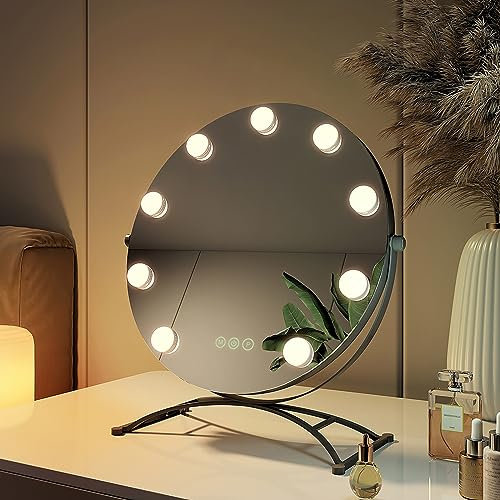 EMKE Hollywood Spiegel rund 40cm mit 3 Lichtfarben dimmbar, Schminkspiegel mit Beleuchtung 360° Grad drehbar mit 9 LED Lampen, Speicherfunktion Schminkspiegel für schminktisch Schwarz