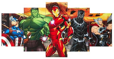 Idea Nuova Marvel Avengers Captain America, Hulk, Iron Man, Black Panther and Thor 5 Piece Canvas Printed Wall Art Décor Set, Overall 40 W x 20 H