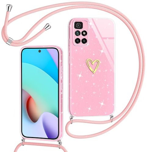 Yichxu Handykette für Xiaomi Redmi 10 /Redmi 10 2022 Hülle mit Band, Glitzer Herz Silikon Handyhülle Kordel zum Umhängen, Schutzhülle mit Kette Stoßfest Necklace Handy Hülle für Redmi 10, Rosa