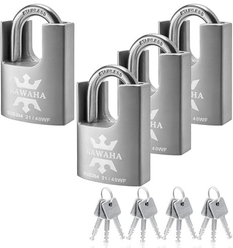 KAWAHA 21/40-4PS Hochsicherheits-Vorhängeschloss aus Edelstahl mit Edelstahlschlüssel für den Innen- und Außenbereich (robust, rostfrei) (40 mm, gleichschließend, 4 Stück)