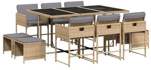vidaXL Garten Essgruppe 11-TLG., Gartenmöbel Set Tisch mit 6 Stühle 4 Hocker, Gartengarnitur mit Kissen, Sitzgruppe Essgarnitur Terrasse, Beigemischung Poly Rattan