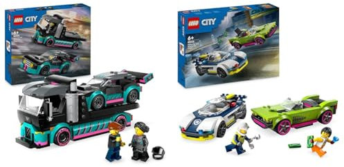 LEGO City La Voiture de Course et Le Camion de Transport de Voitures, Jeu de Construction & City La Course-Poursuite Entre la Voiture de Police et la Super Voiture, Jouet Imaginatif