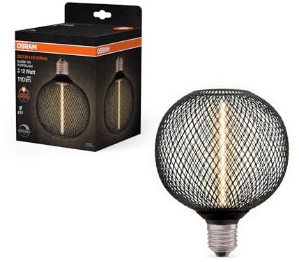 Osram DECOR LED Globe aus klarem, schwarzem bleifreiem Glas mit Strohfilament 3.5W, komfortables Warmweiß 818, 110lm/1800K, mit E27 Schraubfassung, dimmbar, 125 mm Durchmesser.