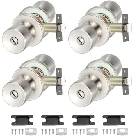 PATIKIL Privacy Keyless Door Knobs Interior, 4 Pack Round Zinc Alloy Bedroom Bathroom Door Knob with Lock Entry Indoor Outdoor Door, Sanding Color