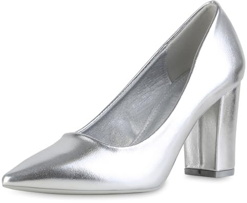 VAN HILL Damen Spitze Pumps Blockabsatz Basic Klassisch Schuhe 216233 Silber 39