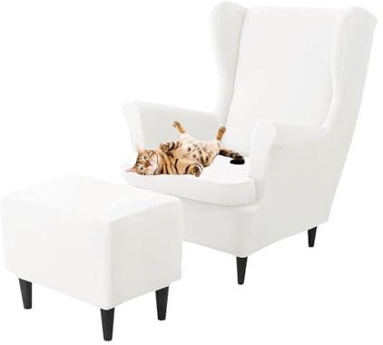 GUYIRT Ohrensessel Überzug Samt Mit Hockerbezug Rechteckig, Ohrensessel Bezug Mit Ottomane Schonbezug Hocker Bezug Für Wohnzimmer Schlafzimmer (weiß)