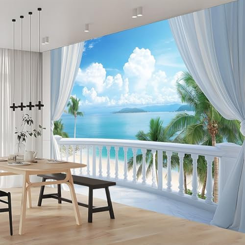 Ventana Del Balcón Exterior Con Vista Al Mar Azul Papel Pintado Fotográfico Azul Moderno Mural Para Paredes Sala Dormitorio - Fotomurales Tela No Tejida 250x175 cm