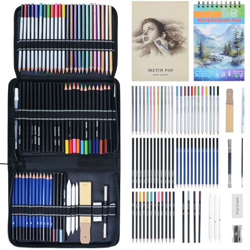 Ninonly 75PC Zeichen Zeichenstifte Professionell Set 75Pcs Zeichenstift Set mit Skizzenbleistift, Graphitstift, Kohlestift, Farbstift, Skizzenbuch, Zeichenzubehör Für Künstler, Anfänger