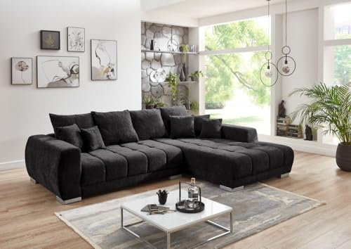 möbelando Wohnlandschaft >Amelie< 9 Kissen, Waffelsteppung, Fein-Webstoff dunkelgrau- 300x86x215cm BxHxT