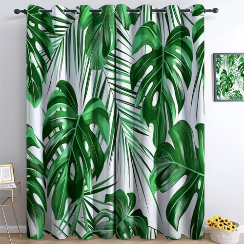 Blickdichte Gardinen Verdunkelungsvorhang mit Ösen 3D Gedruckt Weiß Grün, Polyester Geräuschreduzierung Tropische Palmenblätter Vorhange für Zimmer Büro Schlafzimmer, H 200 x B 70 cm