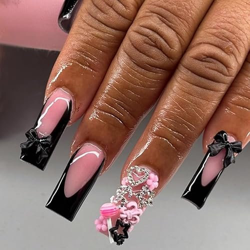 MouyouGlow Press on Nails Lang,Square Cute Schwarz French 3D Bow Tie Schleife Strass Herz Sterne Blumen Y2K Fake Nails Kunstnägel mit Nagelkleber,Black Tips Künstliche Fingernägel
