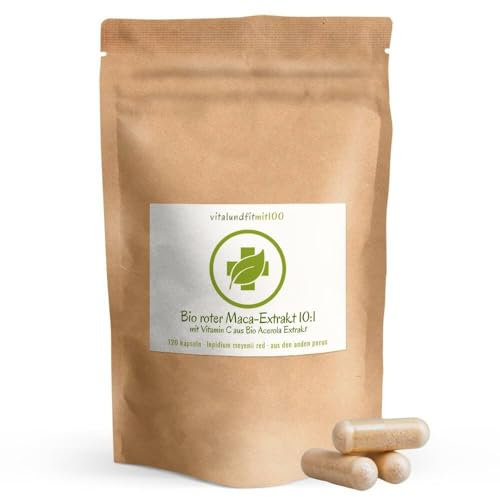 Bio roter Maca Extrakt 10:1-120 Kapseln - 500 mg je Tagesdosis - Original aus Peru - mit natürlichem Vitamin C - ohne Magnesiumstearat