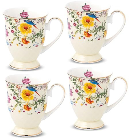 Porcelain Mugs Set of 4, 11oz/330ml New Bone China Coffee Cups with Multi-Coloured Floral Bird Pattern, Afternoon Tea Latte Cappuccino Home Kitchen Office Gift Mug Set (Yellow)