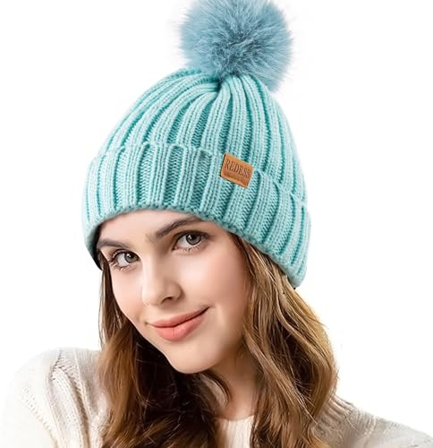 REDESS Damen Winter gestrickt Beanie Mütze Warm Fleece gefüttert mit Bommel Mütze Dick Slouchy Schnee Stricken Skull Ski Cap