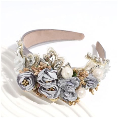 Waltonalice Diademas hawaianas para boda, corona de flores, diadema con perlas, diadema de rosas, diseño de malla cómodo para bodas, fiestas, viajes, color gris