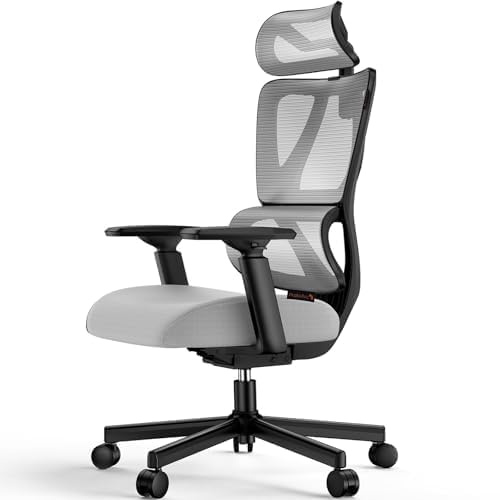 ProtoArc EC100 Sedia da Ufficio Ergonomica – Sedia da Scrivania con Cuscino a Molla da 10 cm, Supporto Lombare, Braccioli e Poggiatesta Regolabili, Sedia Girevole in Rete per Casa e Ufficio, Grigio