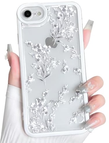NITITOP Compatible with iPhone SE 2020 / SE 2022/7 / 8 Case Clear Cute Flower Floral Branch Design for Women Girls Color Frame Transparent Slim Soft TPU Shockproof Protective Cover - White