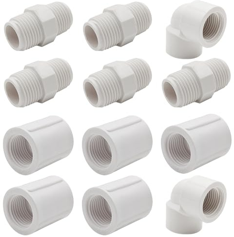 12 Pcs 1/2 Inch PVC NPT Pipe Fittings - 5 Pcs PVC Nipple Coupling Adapter Connector (Male x Male)+ 5 Pcs Female Thread Pipe Fitting Adapter Connector+ 2 Pcs Double 90 Degree Pvc Elbow Pipe Fitting