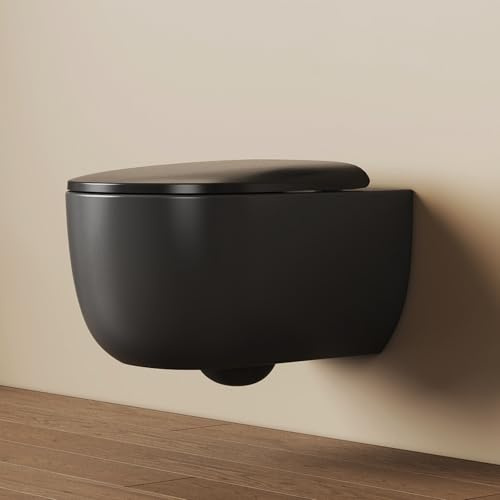 EMKE Spülrandlos Wand WC, 355 x 365 x 555 mm, Schwarz Matt | Hänge WC mit 360°-Superspin Einloch-Spülung, Keramik Toilettenschüssel, WC-Sitz Softclose & Schnelllösefunktion
