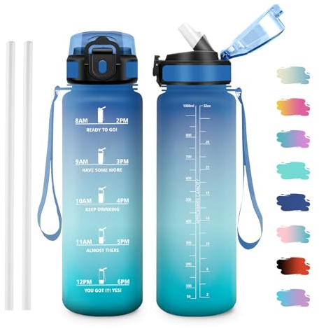 JAPORIA Bouteille Sport 1L, Gourde Motivation sans BPA avec Paille, Gourde avec Marqueur de Temps pour Randonnée, Bureau, l'école