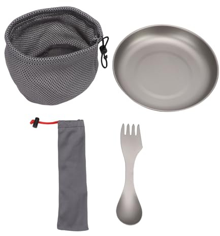 TIKATARER Ti Camping Utensil Set, 3 in 1 Fork Spoon Cutter Set, Lightweight Durable Utensils with Serrated Edge & Reusable Plate, Ideal for Hiking, Backpacking, Travel & Picnic