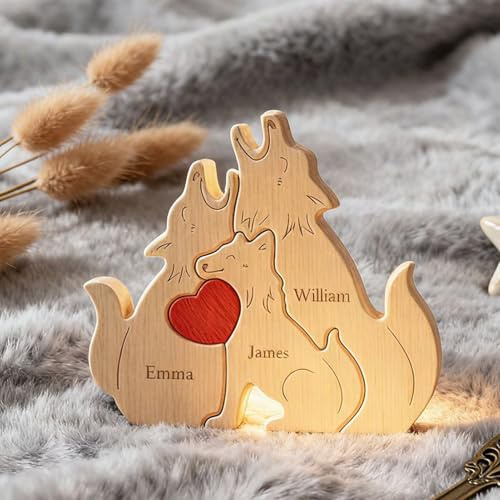 Drawelry Personalisiert Tier Kunstpuzzle Familien Namen Ornament, Holz Löwe Bär Wolf Figur Skulptur Puzzle Tischdekoration, Muttertag Vatertag Geburtstag Geschenk für Papa Mama Opa Oma (Wolf-A)