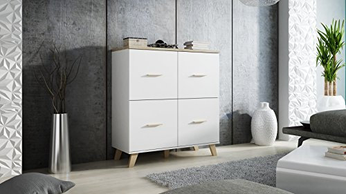 Furniture24 Schrank Lotta Wohnzimmerschrank Highboard 4 Türiger Hochschrank Brilianteweiß/Sonoma Eiche