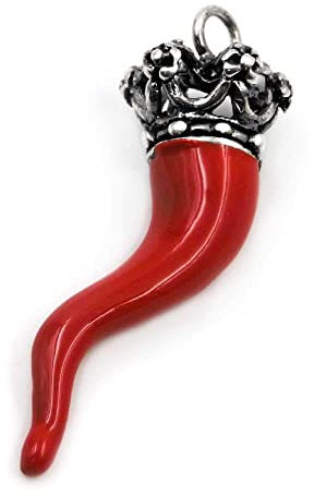 Anhänger Horn Glücksbringer mit Krone aus 800er-Silber rot emailliert, Silber