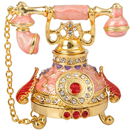QIFU Hand Painted Pink Small Telephone Style Enamel Trinket Box, Unique Gift for Family(QF648)