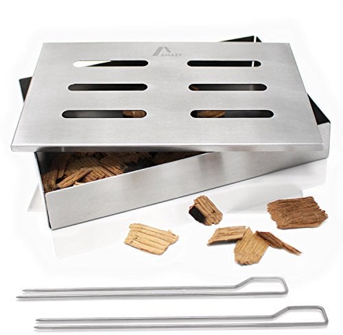 Amazy Caja ahumadora + 2 brochetas + 2 Tipos de virutas de Madera (Haya y Roble) – Caja de Ahumado para Carne o Pescado Apta para lavavajillas
