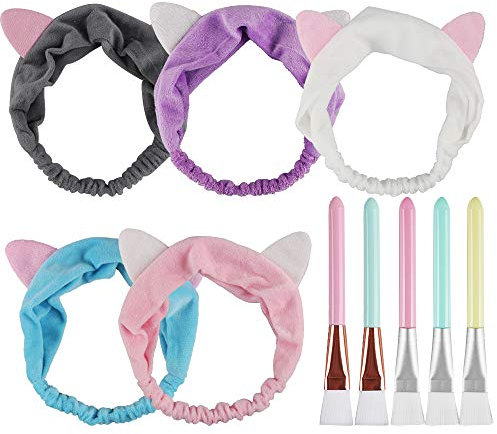 Aipaide 5 Stück Weiche Gesichtsmaske Pinsel Kosmetik Pinsel + 5 Stück Stirnband mit Katze Ohr,Werkzeug Set für Gesichtsmaske und Augenmaske,Spa DIY braucht,5 Farben