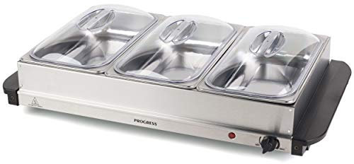 Progress EK3665P Electric Buffet Server - 3 Pan Hot Plate, Food Warmer Tray, 3 x 2.5L Removable Sections, Adjustable Temperature, 300W Portable Chafing Dish, Bain Marie, Catering Buffet Serving Tray