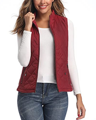 LONGKING Damen Weste Leicht Stehkragen Weste Steppweste mit Reißverschluss Ärmellose Oberteile Tops Coat Jacke Outdoor Rot M