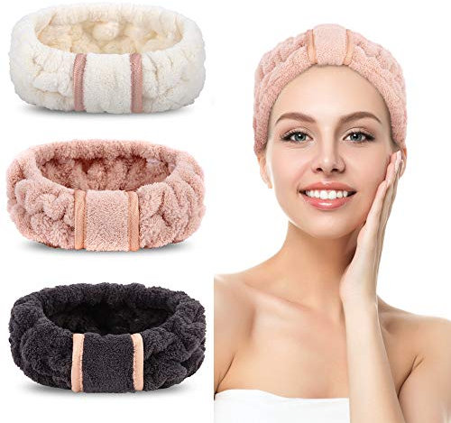 DOOBO Lot de 3 bandeaux spa en microfibre pour femme pour lavage du visage, maquillage et serviettes (rose, blanc, noir)