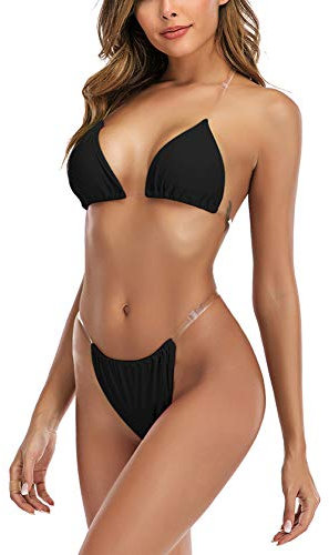 Joyhas Maillot de Bain Bikini à Bretelles Transparentes pour Femme - Noir - Taille S