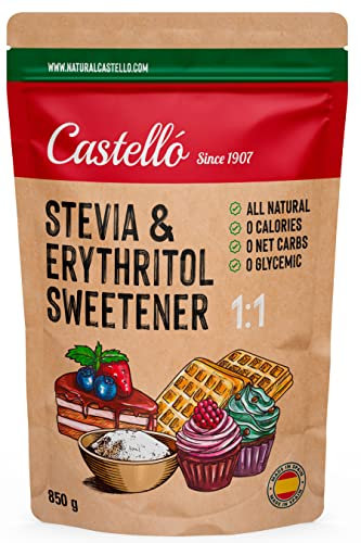 Stevia + Erythrit 1:1 Süßstoff | 1g = 1g Zucker | 100% Natürlicher Zuckerersatz - 0 Kalorien - 0 Glykämischer Index - Keto und Paleo - 0 Netto-Kohlenhydrate - Kein GVO - Castello since 1907-850 g