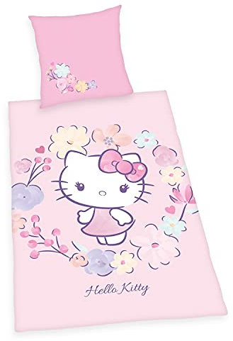 Herding Hello Kitty Bettwäsche-Set, Kopfkissenbezug 80 x 80 cm, Bettbezug 135 x 200 cm, Mit leichtläufigem Reißverschluss, 100% Baumwolle/Renforcé, Rosa