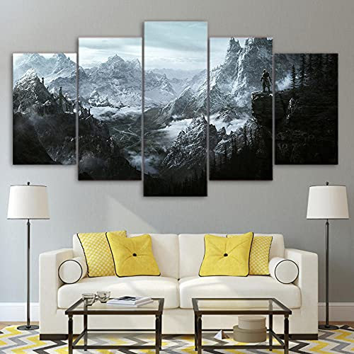 3D Leinwandbilder 5 Teile XXL Vlies Leinwand Bilder Dekoration Skyrim Poster Bild Auf Leinwand 5Tlg Bilder Mehrteilig Zum Aufhängen Mit Rahmen