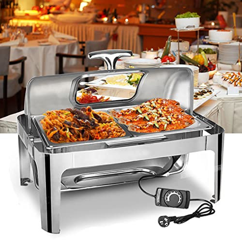 Chafing Dish Food Warmer Buffet Server, Food Warmer Container Chafing Dishes Roll Top for Keep Hot Food Warm for Buffet Catering Party, Clear Lids+Adjustable Temperature, Stainless Steel, 400W, 9L