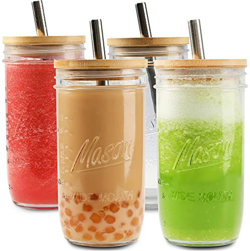 MASON 4 Pack Reusable 24oz Glass Mason Jar Bubble Tea Cups with Bamboo Lids and Silver Straws, Drinking Glass Bubble Tea Cups for Iced Coffee Travel Bottle