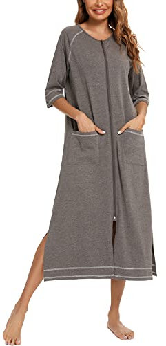 Rubehoow Nursing/Delivery/Labor/Hospital Nightgown Zipper Front Long Nightgown with Pockets (Grey,XL)