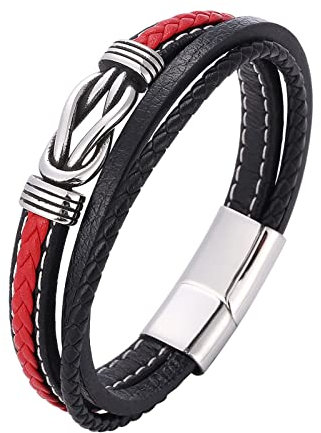 Skcess Schmuck für Männer Silber，Herrenarmband Leder 3-Lagiges Lederarmband Mit Schnalle Rostfreier Stahl Bracelet Men 20.5cm