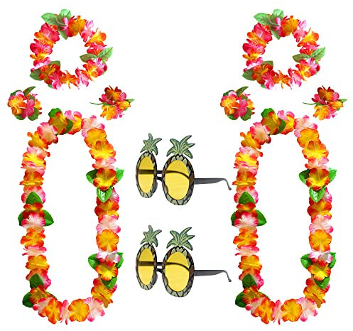 KEYIDO Set di occhiali da sole hawaiani con ghirlanda hawaiana con ananas e fiori hawaiani Leis con collana fasce fasce per braccialetti decorazioni per feste accessori per spiaggia tropicale Luau