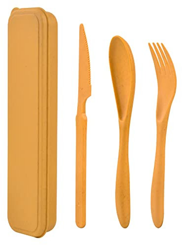 Noewmub Plastik Besteck Mehrweg Set, 1 Set Reise Besteck mit Etui, Camping Besteck Set, Tragbare Utensilien, für Lunchbox, Schule, Picknick, Reisen, Camping oder den täglichen Gebrauch (Gelb)