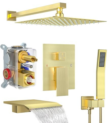 Fatspas Shower System with Tub Spout, Shower Faucet Set with 10 Inch Rain Showerhead Handheld Shower Tub Spout, Wall Mounted High-Pressure Showerhead Combo Set Included Valve and Trim, Brushed Gold