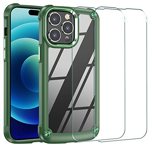 TECHGEAR iPhone 14 Pro Tough Case, [Fusion Armour] + 2 Pack Glass Screen Protector, Premium Hybrid Rugged Protective Bumper Case Heavy Duty Protection, Clear Back Designed For iPhone 14 Pro - Green
