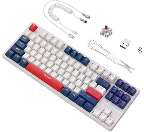 ATTACK SHARK K87 Mechanische Tastatur KTL 87 Tasten Hot-Swap-fähige Mini-Bluetooth-Gaming-Tastatur mit RGB-Hintergrundbeleuchtung, Typ-C-Kabel, Spiralkabel, wiederaufladbarer 3000-mAh-Akku