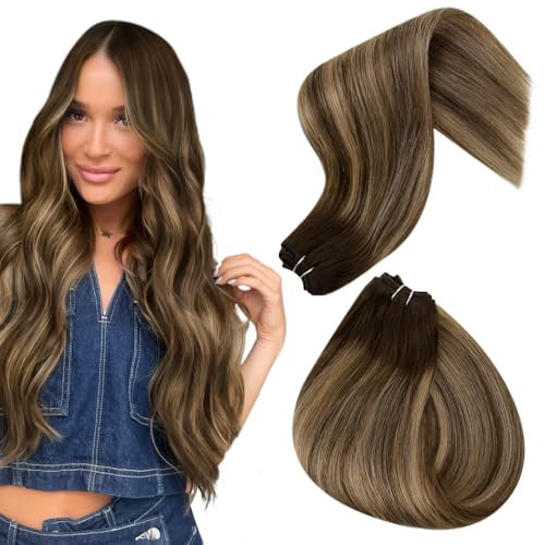 Hetto Weft Hair Extensions Real Human Hair Balayage Sew in Extensions Balayage Dark Brown Mix Caramel Blonde Double Weft 20 Inch 100g/Pack #4/27/4