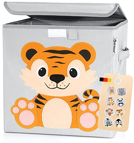 elb finesse ® Aufbewahrungsbox Kinder I süße Tierwelten Motive I extra stabile Spielzeugkiste mit Deckel für Kinderzimmer I Spielzeug Box (33x33x33) zur Aufbewahrung I Ordnungsbox I (Timmi Tiger)