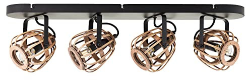 mokebo® Deckenlampe oder Boho Lampe mit Rattan 'Die Natürliche', vintage Deckenstrahler dimmbar mit 4 spots, schwarz mit Lampenschirm aus Rattan Holz, Korb, für Wohnzimmer & Schlafzimmer